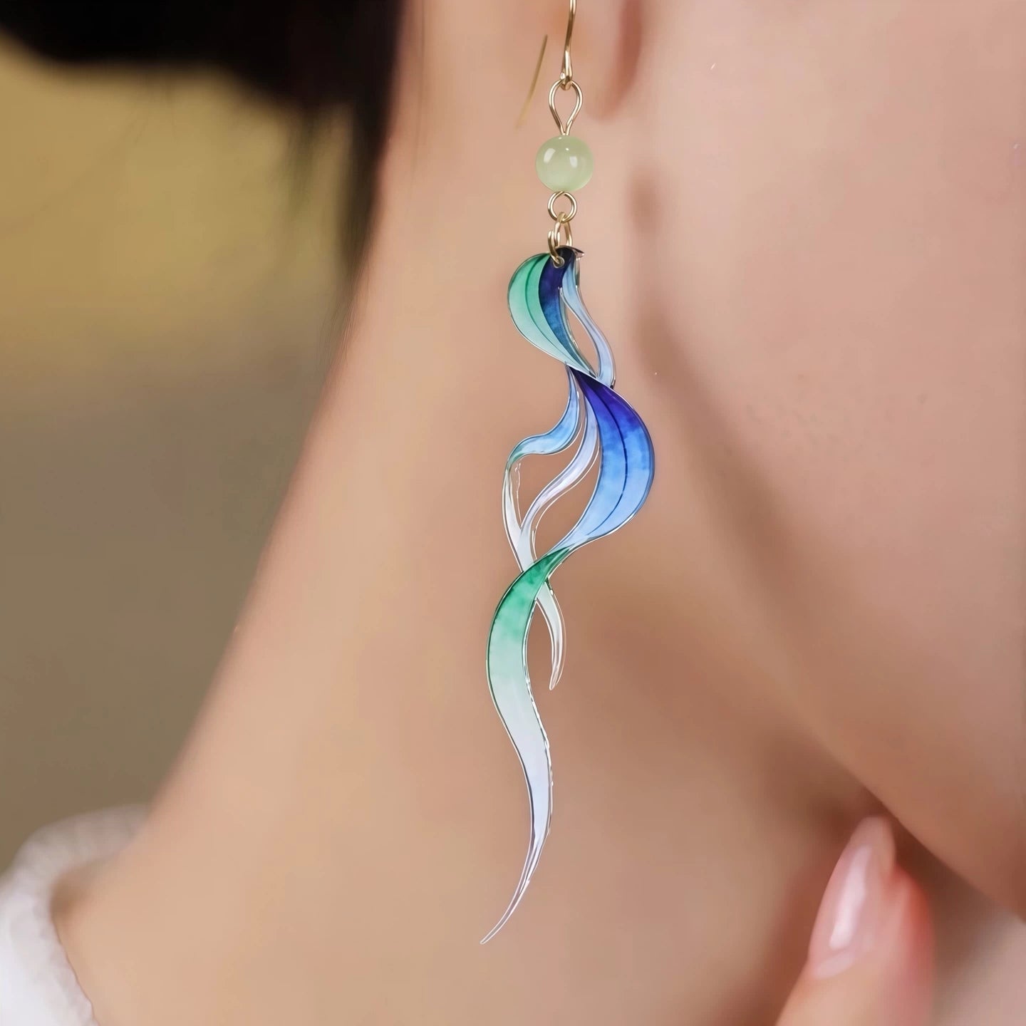 Oriental Green Streamer Earrings – Artistic New Chinese Style Statement Earrings