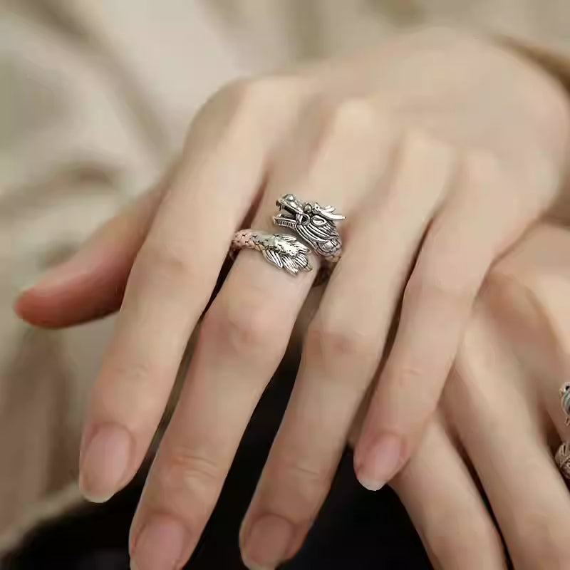 Two Dragon Rings S925 Silver Dragon and Phoenix Couple Rings – Adjustable Open Band, Vi