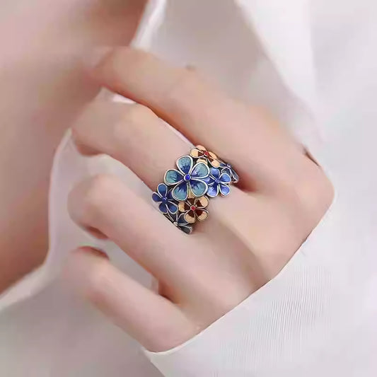 S925 Silver Cloisonné Floral Ring for Women – Colorful Adjustable Finger Ring, Vintage Chinese Style, Ethnic Design