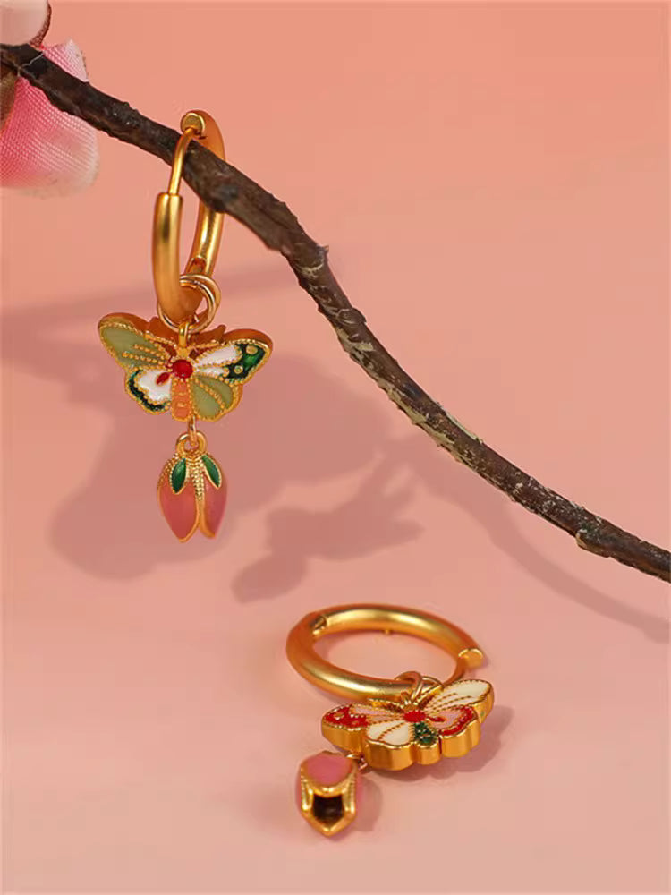 Gold Plated Copper Enamel Butterfly Earrings with Pink Tulip – New Chinese Style Elegant Stud Earrings for Women