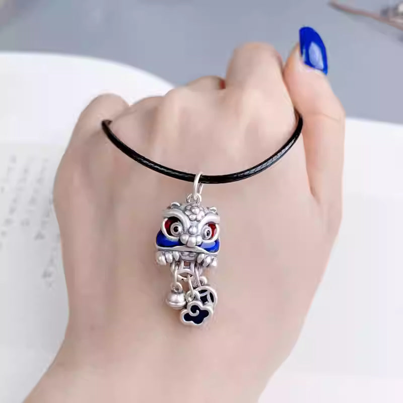 999 Sterling Silver Lion Dance Tassel Necklace – Unisex Pendant with Cloisonné Blue, Copper Coin & Bell, Chinese Feng Shui Jewelry