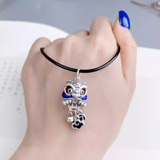 999 Sterling Silver Lion Dance Tassel Necklace – Unisex Pendant with Cloisonné Blue, Copper Coin & Bell, Chinese Feng Shui Jewelry