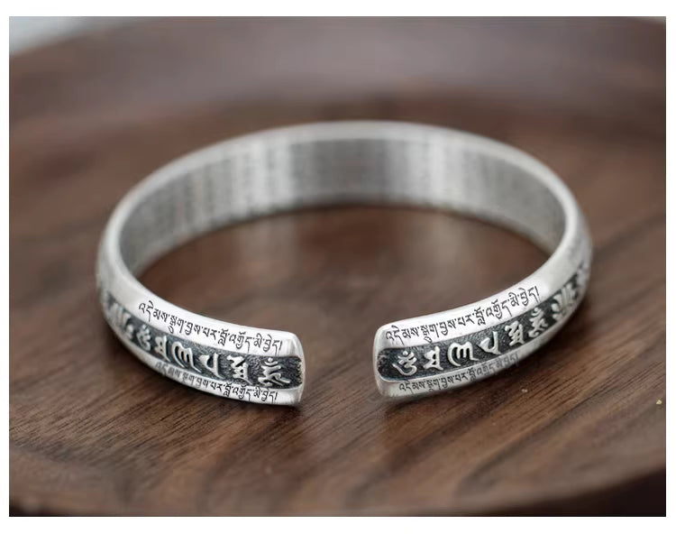 999 Fine Silver Solid Heart Sutra Bracelet – Adjustable Open Band Unisex Couple Bangle