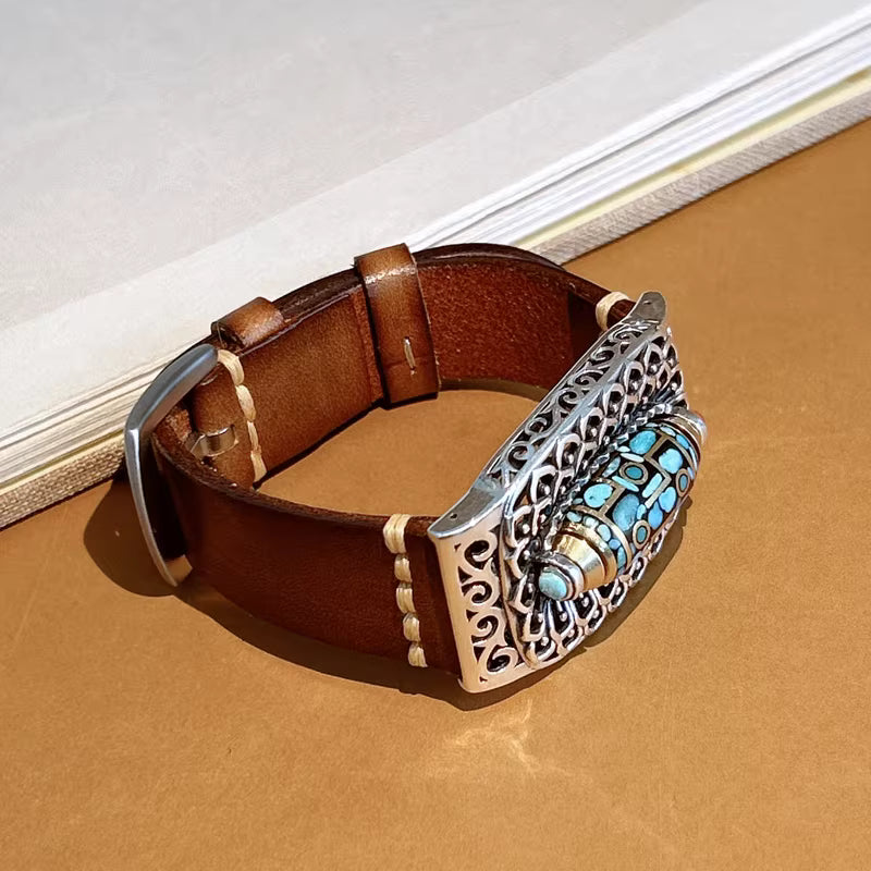 New Chinese Style Rotating Nine-Eyed Dzi Bead Bracelet with Green Turquoise Leather Strap – Unisex Lucky Design | 925 Sterling Silver