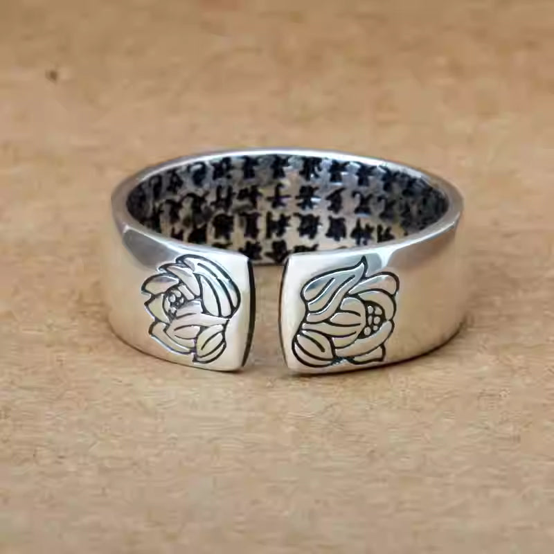 999 Fine Silver Heart Sutra Lotus Ring – Adjustable Open Band Unisex Couple Ring, Vintage Style