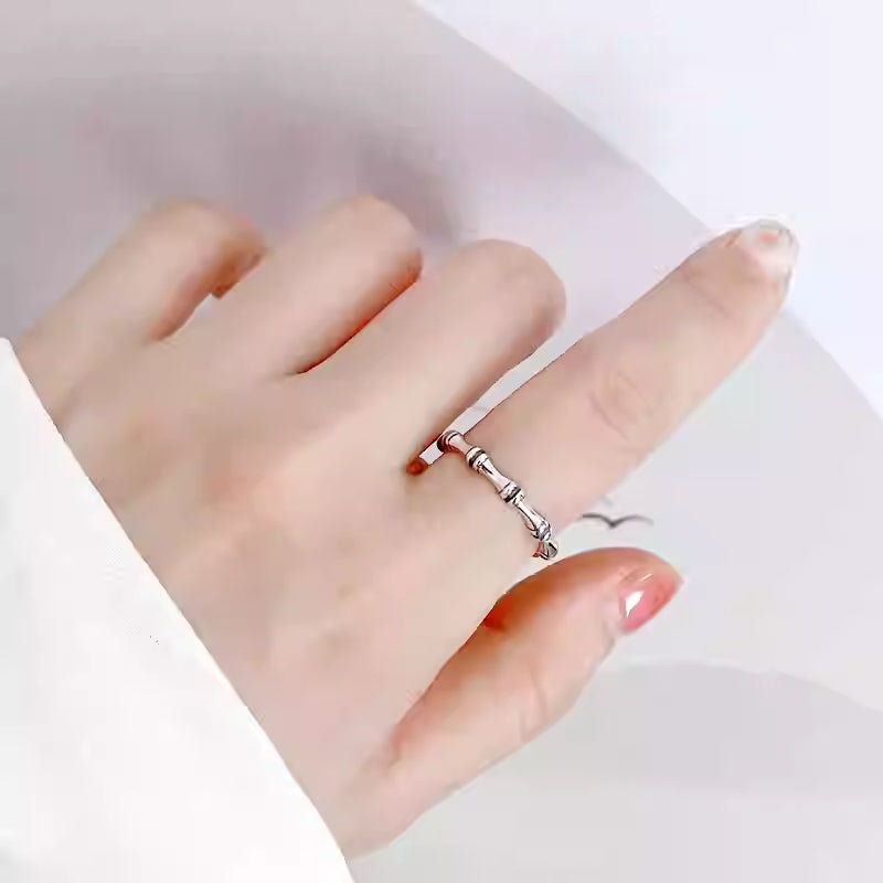 Vintage Bamboo Segment Adjustable Ring – Minimalist Polished Silver Band