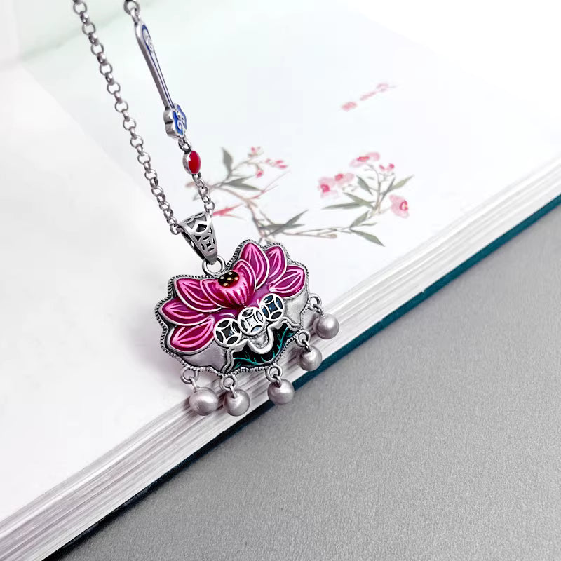 990 Sterling Silver Pink Lotus Tassel Necklace – Ethnic Style Handcrafted Pendant for Women
