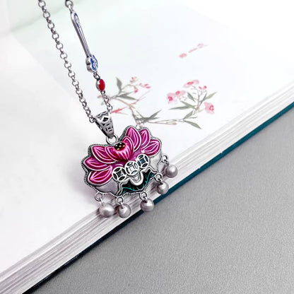 990er Sterlingsilber Rosa Lotus Quasten-Halskette – handgefertigter Anhänger im Ethno-Stil für Frauen