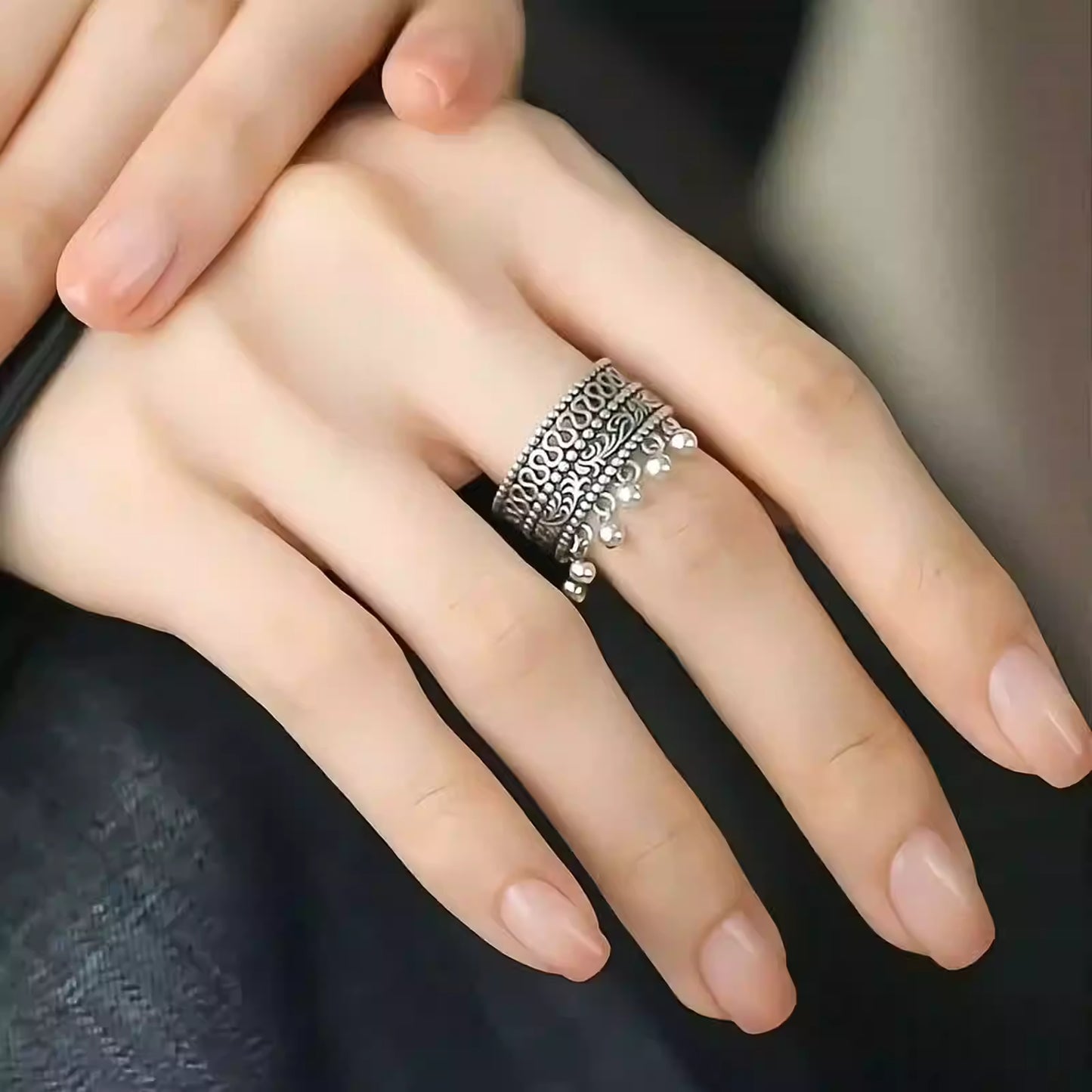 Lace Edge Ring – Double Beads Tassel Adjustable Ring with Vintage New Chinese Design