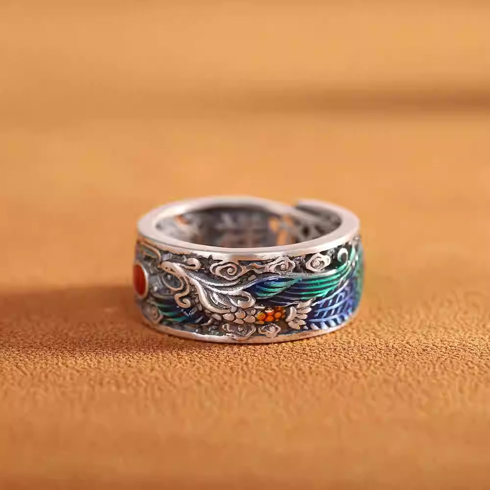 Vintage 990 Sterling Silver Dragon & Phoenix Open Ring – Handcrafted Cloisonné and South Red Agate Adjustable Ring