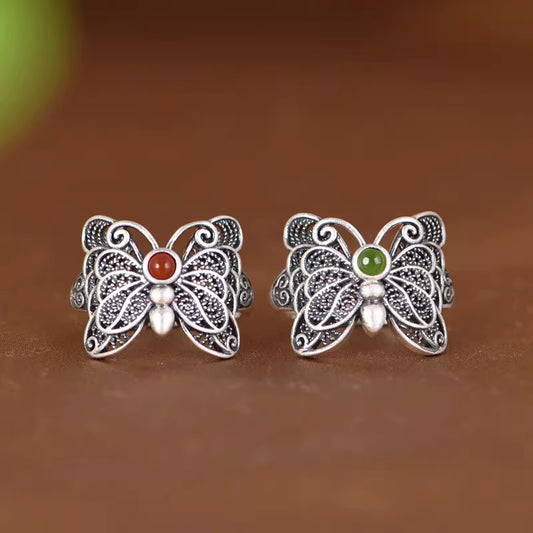 Vintage S925 Silver Adjustable Butterfly Ring – Natural South Red Agate & Jade Women’s Open Band Ring