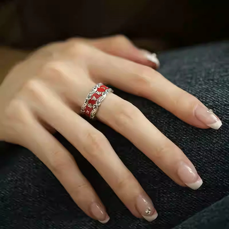 S925 Silver Cinnabar Heart Sutra Ring – Adjustable Six-Syllable Mantra Ring for Women, 2026 New Vintage Style