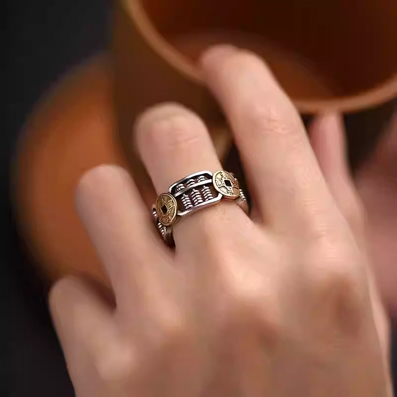 925 Silver Chinese Fortune Coin Abacus Ring – Adjustable Feng Shui Wealth Ring for Men and Women