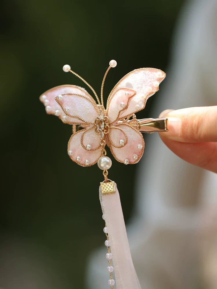 Butterfly Fairy Tassel Hair Clip – New Chinese Style Elegant Hanfu Hair Accessory（ a pair）