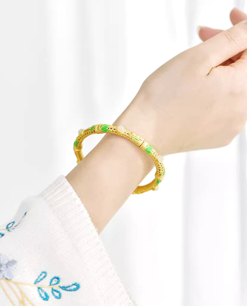 Vintage Gold Bamboo Pattern Bangle – 925 Silver Thick Gold-Plated Open Bracelet for Women