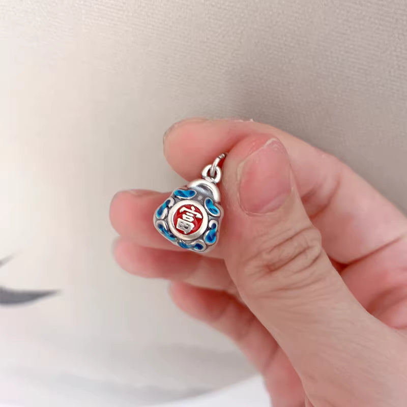 Lucky Wealth Bag Pendant Necklace with Ruyi Chain – Enamel Blue Burning Craft