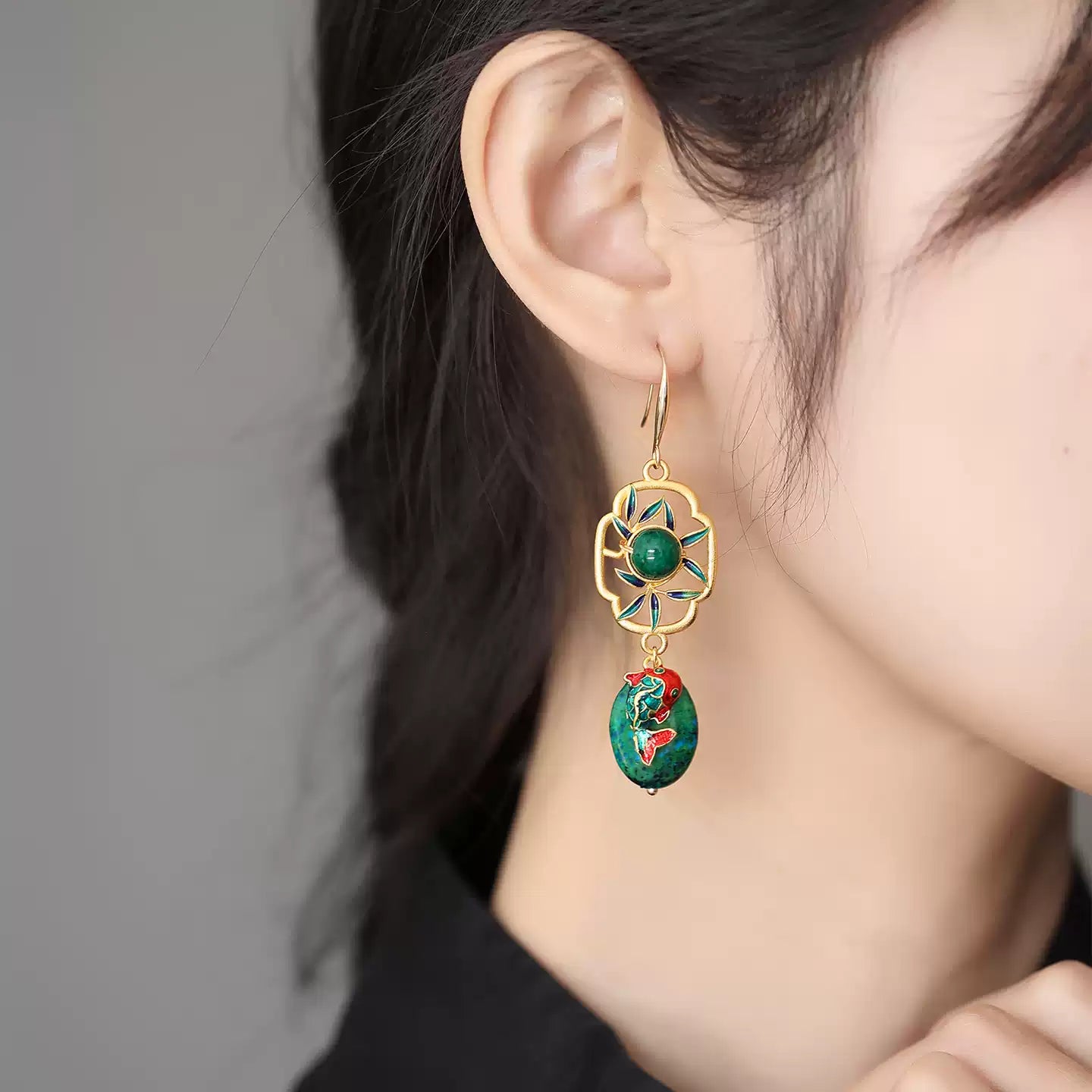 Spring Fish Cloisonné Earrings – New Chinese Style Green Stone Dangle Earrings