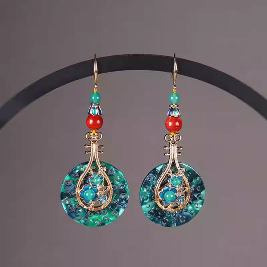Pipa-Inspired Green Agate Earrings – Statement Ethnic Cloisonné for Qipao