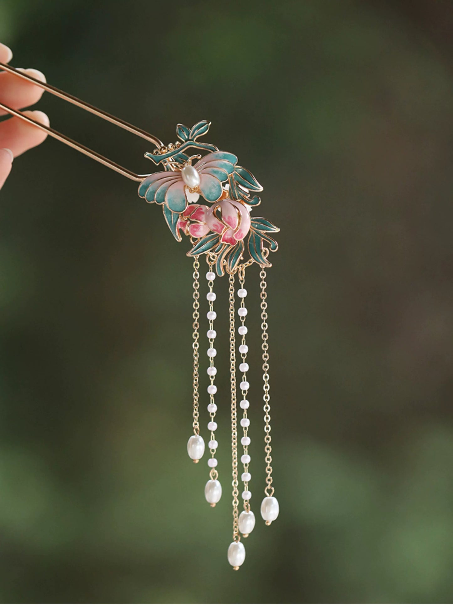 Butterfly  Floral Pearl Tassel Hairpin – New Chinese Style Enamel Buyao Hair Accessory for Hanfu  Mamian Skirt