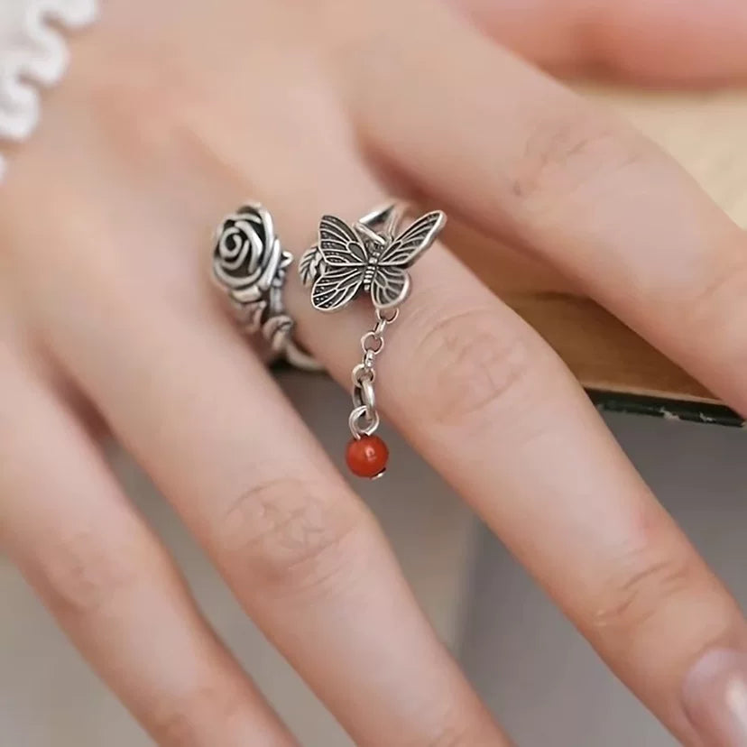 Rose Butterfly Tassel Ring – Vintage Chinese Adjustable Open Ring