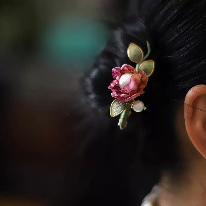 Handmade Silk Flower Pearl Tassel Chinese Hairpin - Traditional Hanfu Hair Accessory