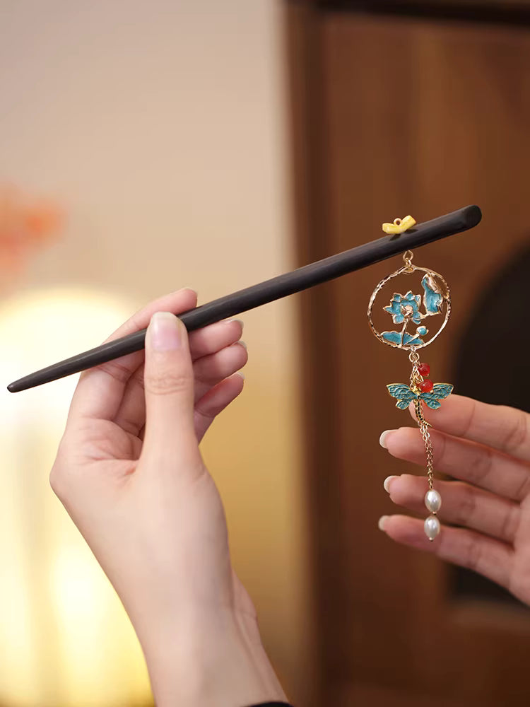 Chinese Style Ebony Wood Lotus Dragonfly Hairpin with Tassel – Peacock Blue Hanfu Hair Accessory for Women