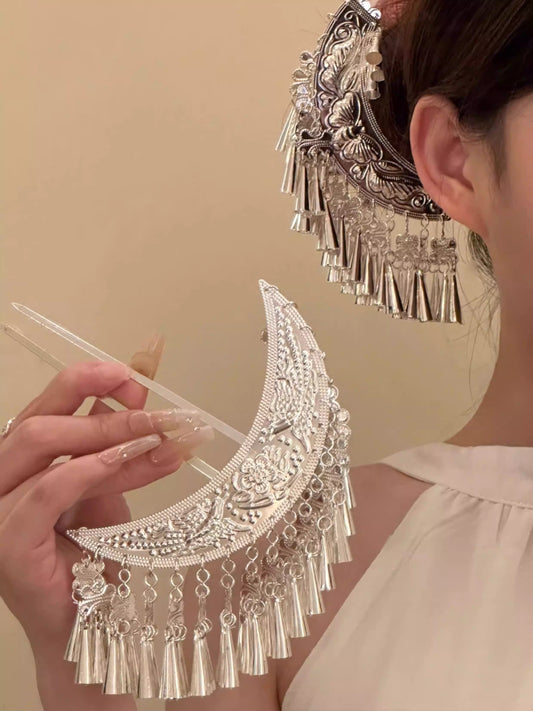 New Chinese Crescent Tassel Side Hairpin – Miao Silver Ethnic Hair Accessory for Hanfu &Qipao