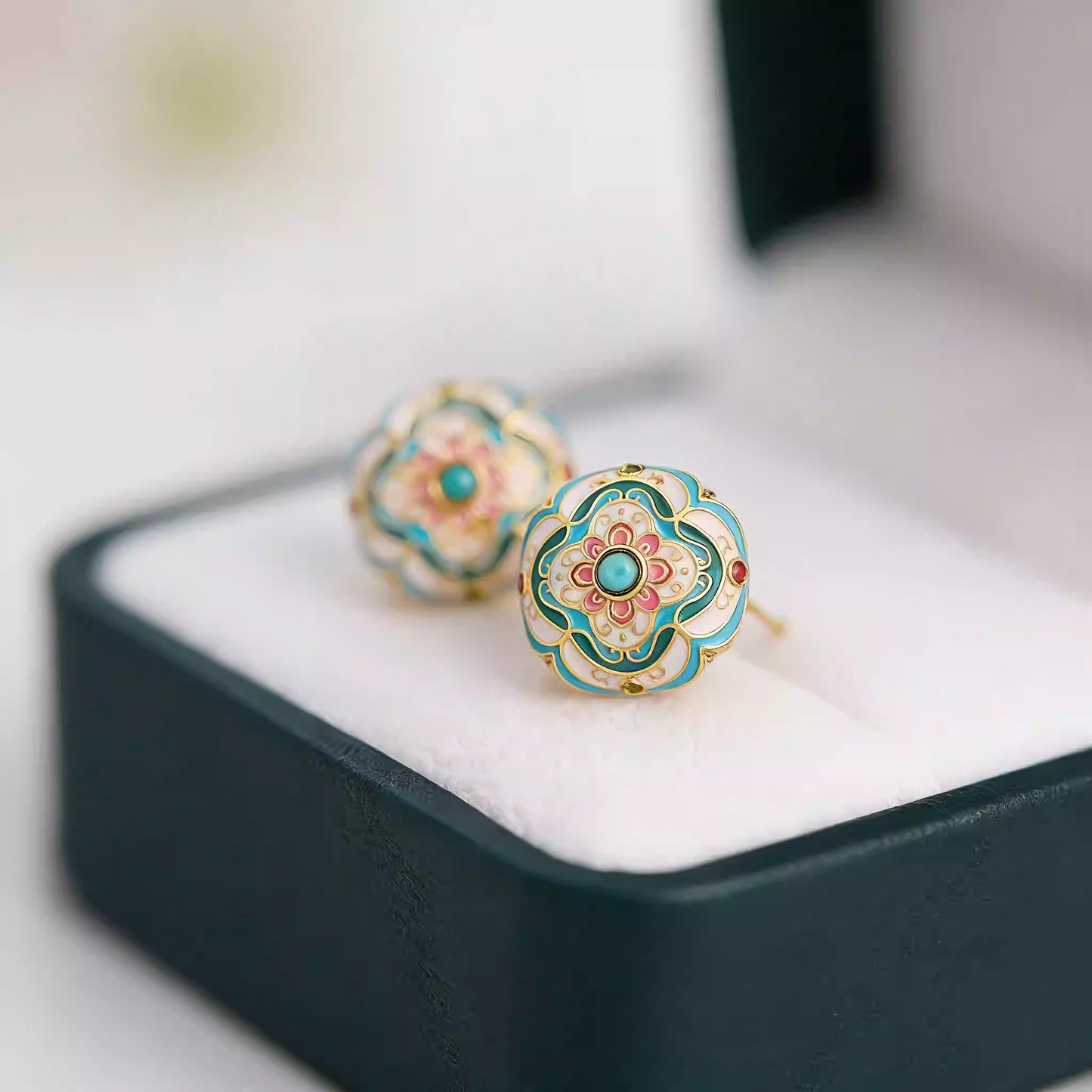 New Chinese Style Enamel Turquoise Stud Earrings – Vintage Guofeng Light Luxury Jewelry