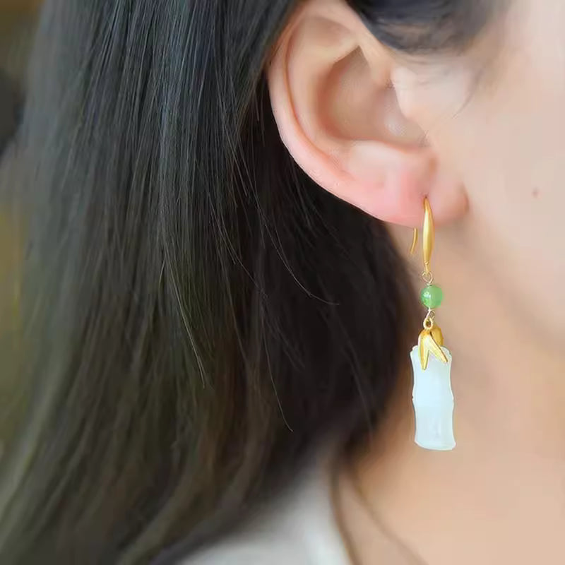 Mutton Fat White Hetian Jade Bamboo Segment S925 Gold Vermeil Silver Earrings for Women
