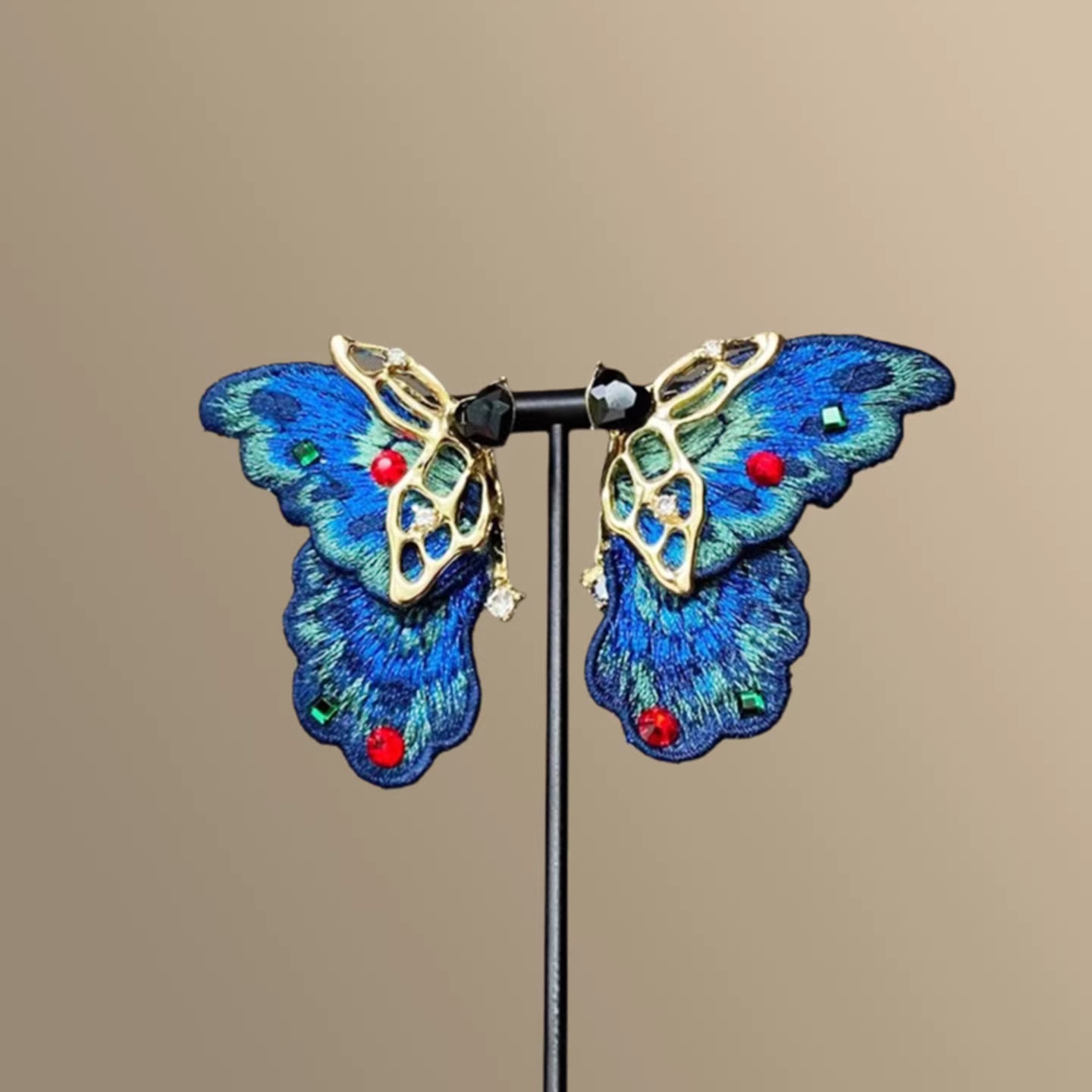 Misty Butterfly Embroidered Earrings – Handmade Blue Chinese Style Studs for Hanfu & Qipao