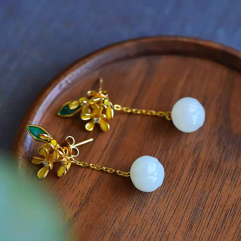 S925 Gold-Plated Silver Osmanthus Flower Hetian Jade Enamel Earrings for Women – Chinese Hanfu Retro Style