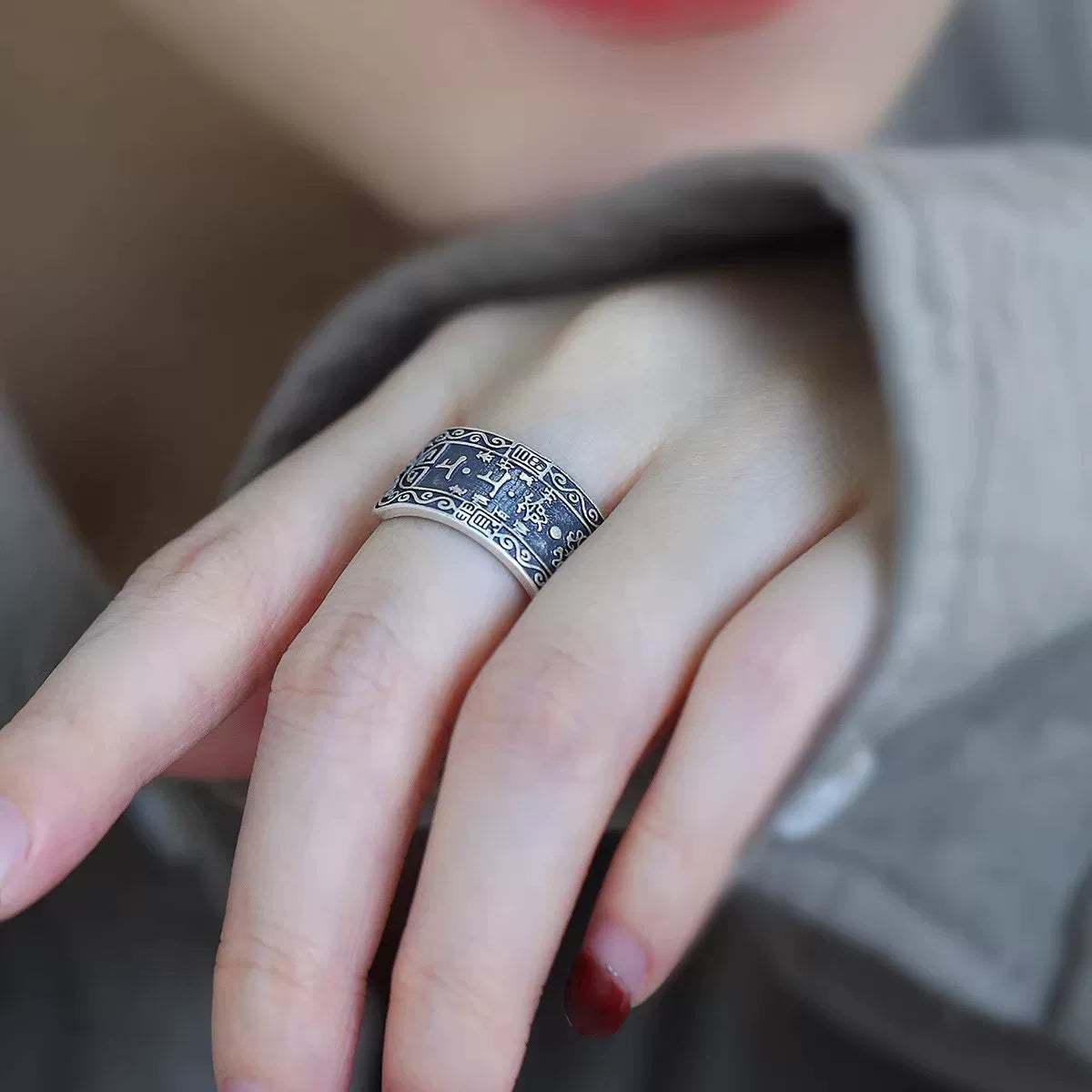 Oriental Lucky Symbol Ring – 925 Silver Vintage Engraved Open Ring for Women and Men