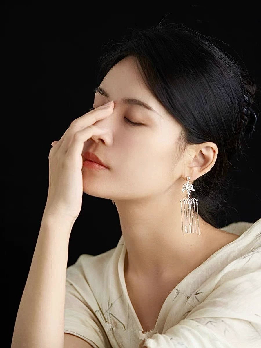 S925 Sterling Silver Iris Waterfall Tassel Earrings – New Chinese Style Miao-Inspired Drop Earrings
