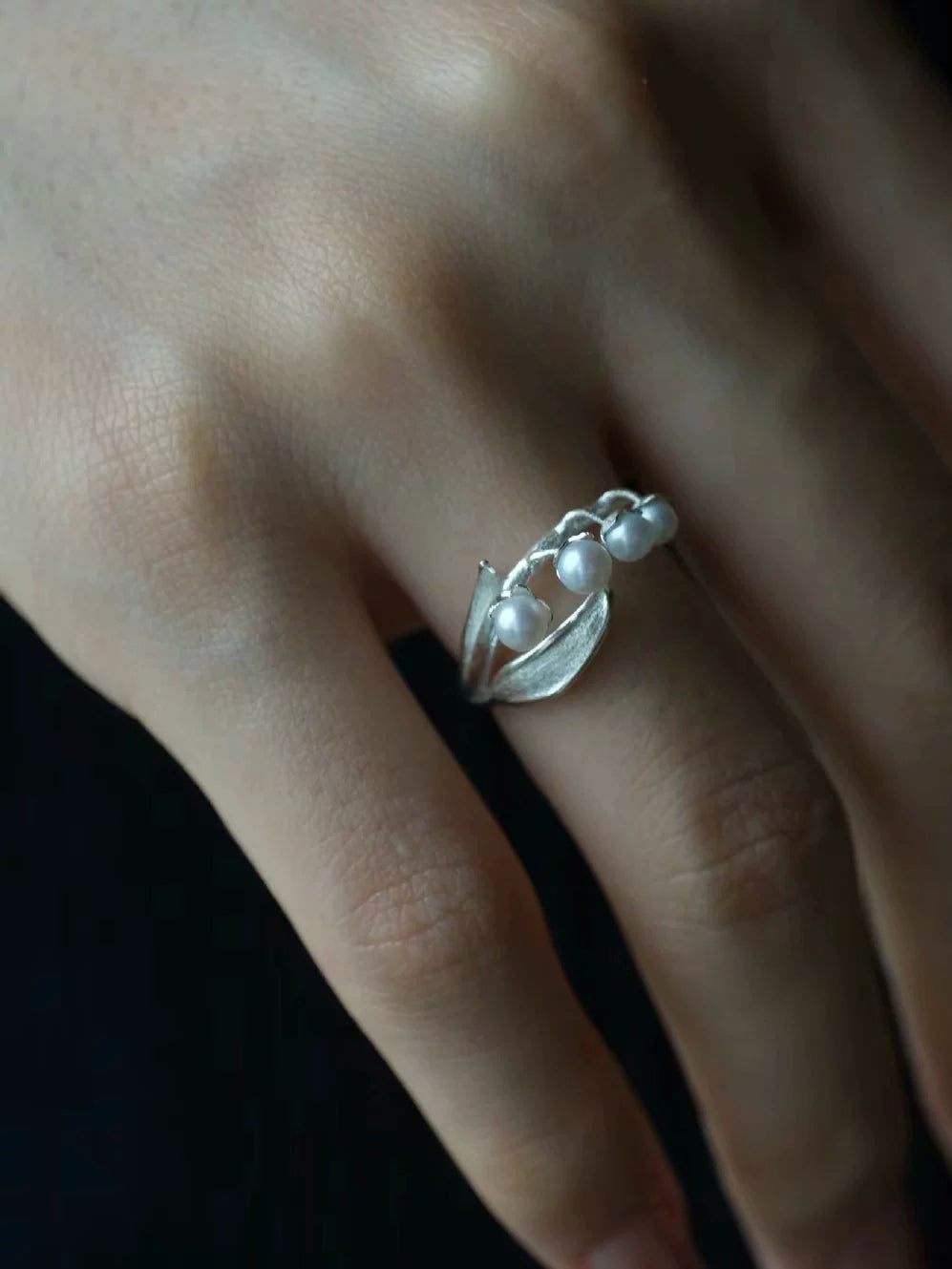 Lily of the Valley Pearl Open Ring – Minimalist S925 Silver Plated Floral Ring