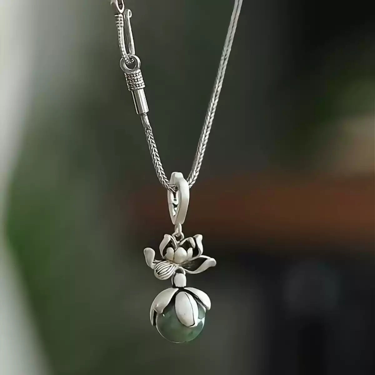Lotus Pendant Necklace with Jade Bead – Vintage Chinese Style Prosperity Jewelry