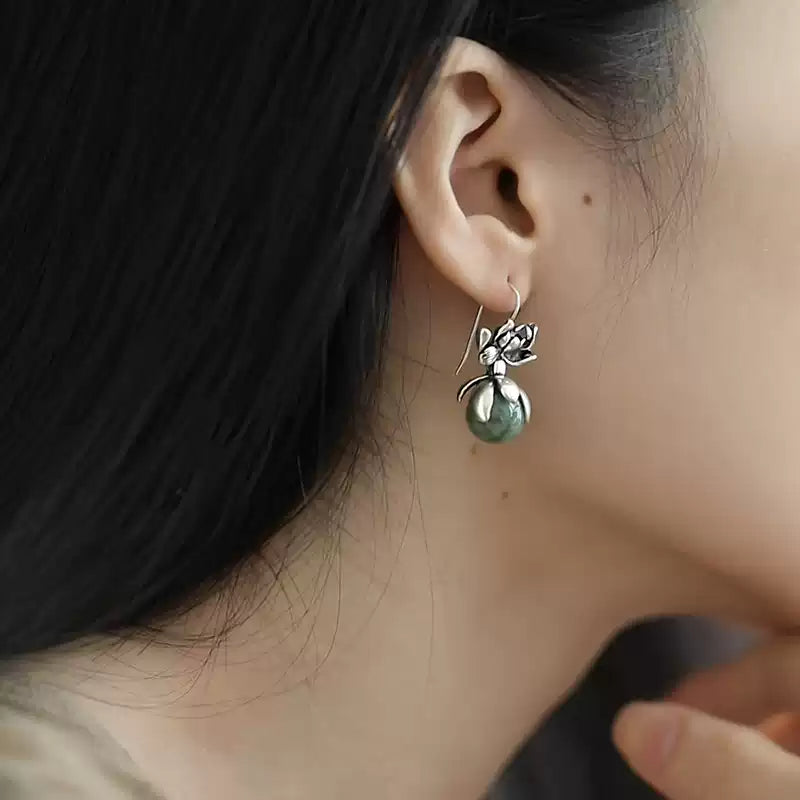 Jade Bead Lotus Drop Earrings – Vintage Chinese Style Elegant Jewelry