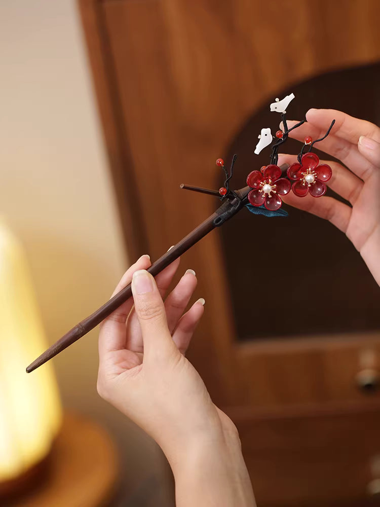 Chinese Magpie Plum Blossom Hairpin with Red Glaze – Sandalwood Wedding Hair Accessory for Women