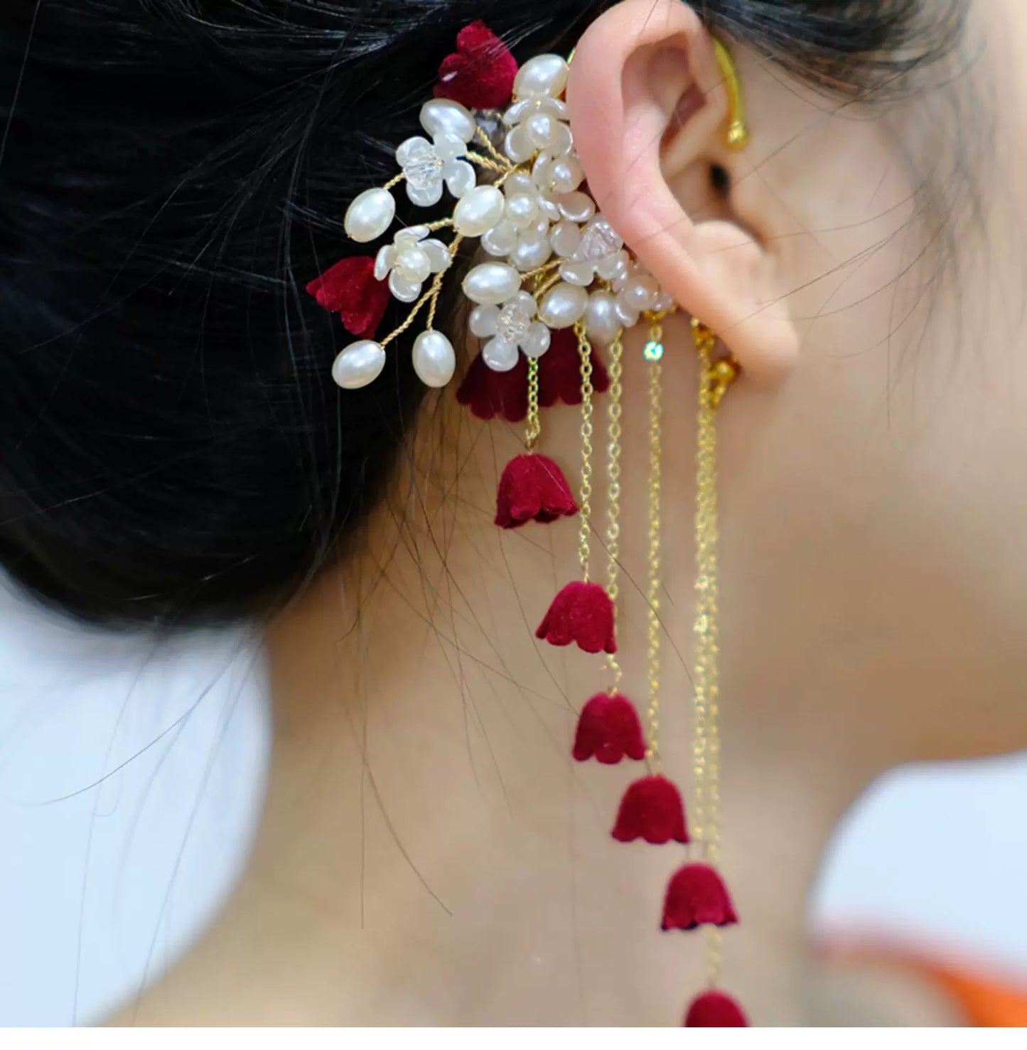 New Chinese Style Red Lily Earrings – Long Tassel Ear Clip for Hanfu and Qipao