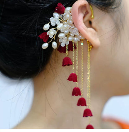 New Chinese Style Red Lily Earrings – Long Tassel Ear Clip for Hanfu and Qipao