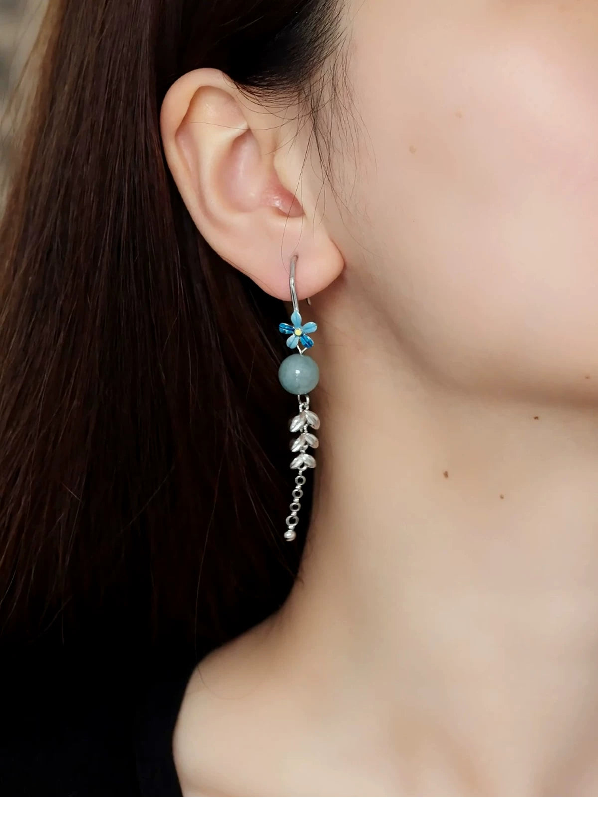 Cloisonné Flower Earrings with Jade Beads and Wheat Tassels – New Chinese Style
