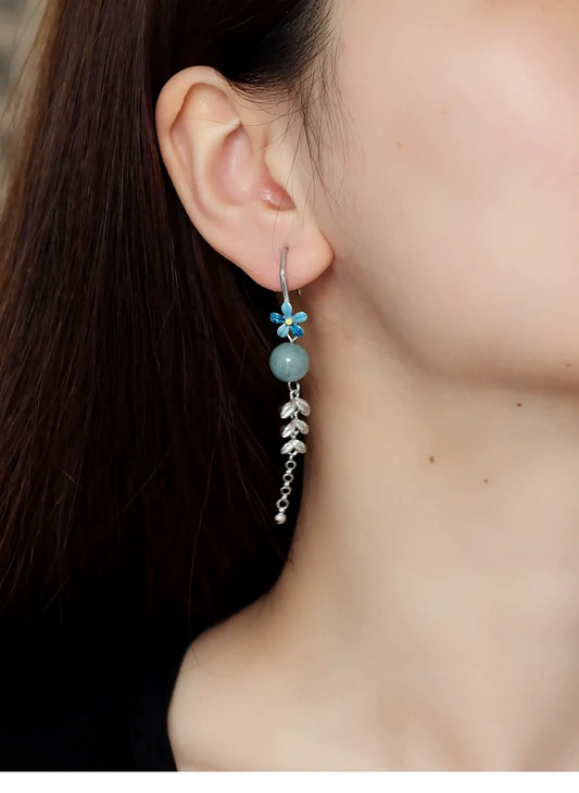 Cloisonné Flower Earrings with Jade Beads and Wheat Tassels – New Chinese Style