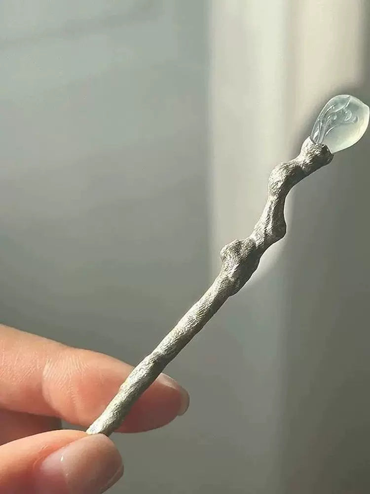 Elegant Crystal Silver Hairpin – New Chinese Style Textured Branch Hair Ornament