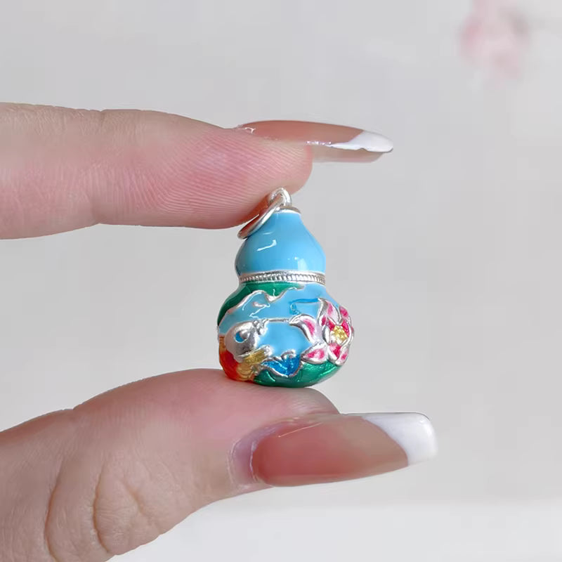 999 Fine Silver Gourd Pendant – Enamel Lotus Pond Moon Design, New Chinese Style Necklace