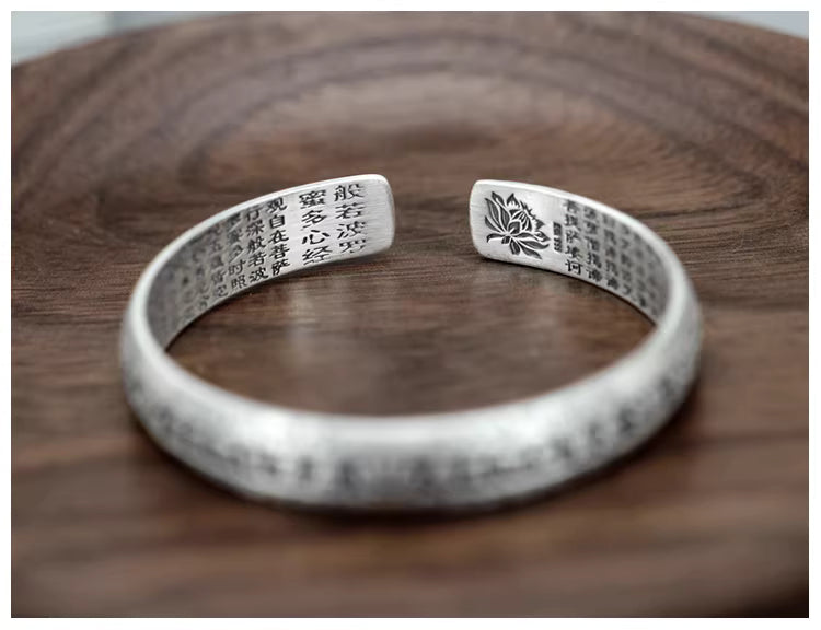 999 Fine Silver Solid Heart Sutra Bracelet – Adjustable Open Band Unisex Couple Bangle