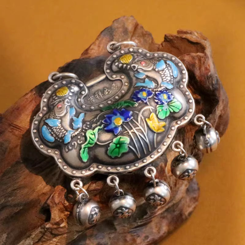 Fish and Lotus Water Play Ruyi Lock Pendant with Tassel – Enamel Lucky Silver Charm | 999 Fine Silver