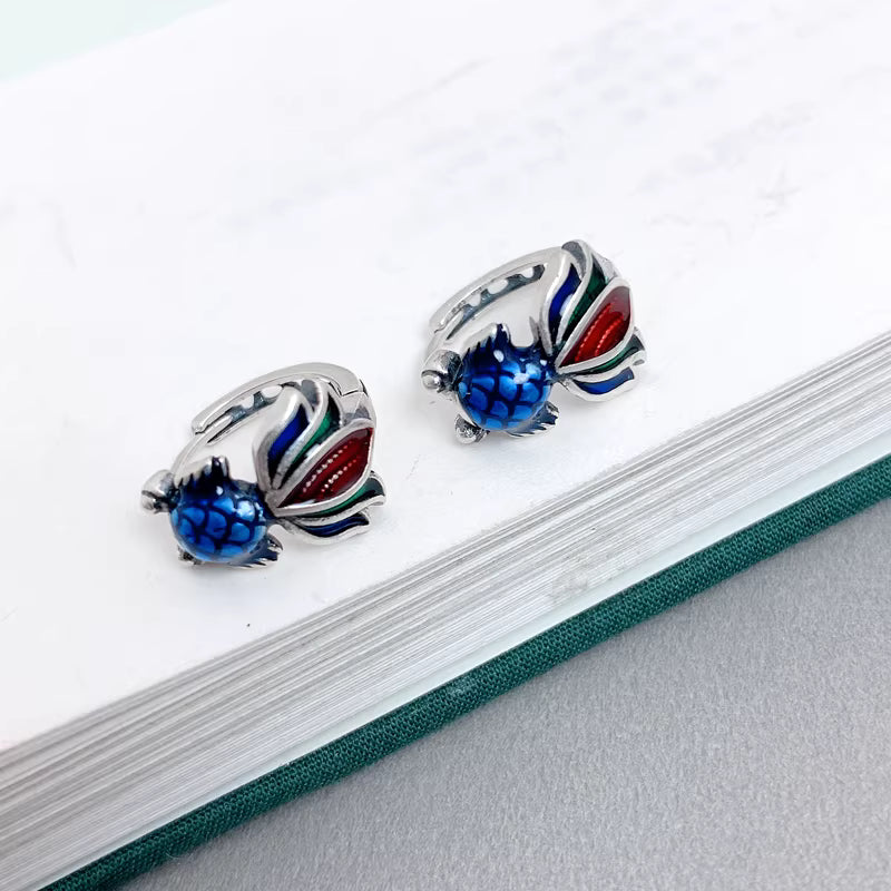 925 Sterling Silver Koi Fish Earrings – Vintage Enamel Handmade Fish Studs for Women
