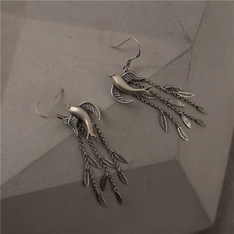 S925 Sterling Silver Swallow Leaf Tassel Earrings – New Chinese Style Vintage Dangle Earrings