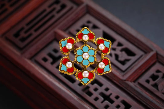 Enamel Six-Petal Flower Hanfu Hairpiece with Pearls – Gold-Plated Silver, Retro Tang Dynasty Style for Women