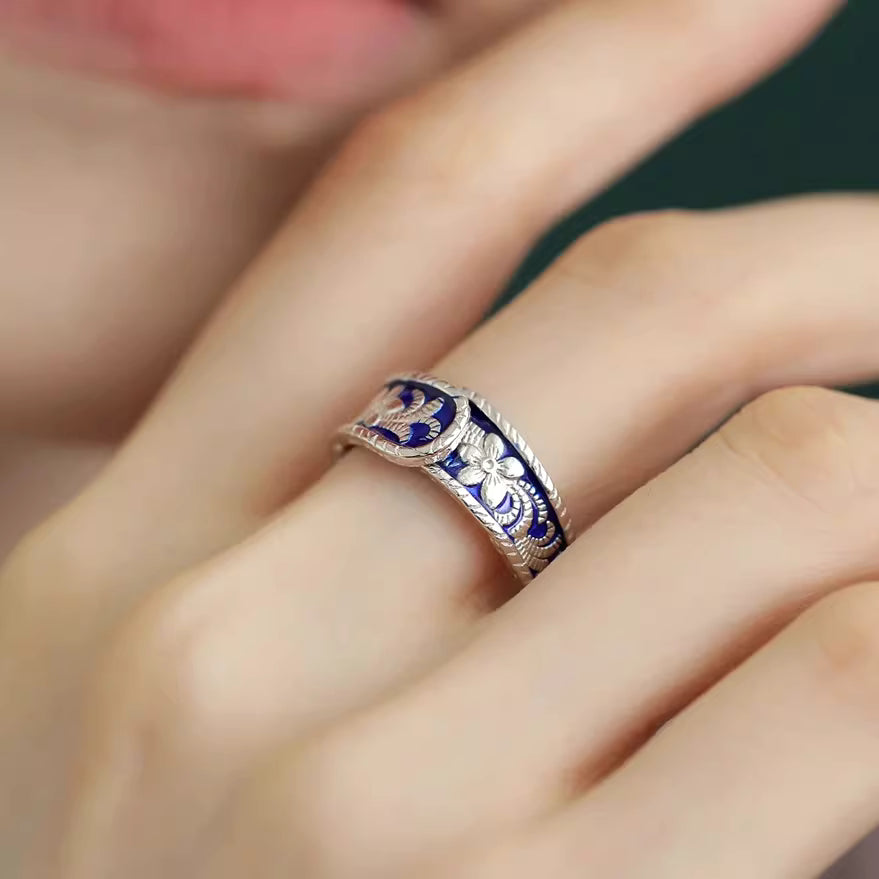 925 Silver Blue-and-White Porcelain Flower Ring – Vintage Chinese Style Open Adjustable Ring for Women