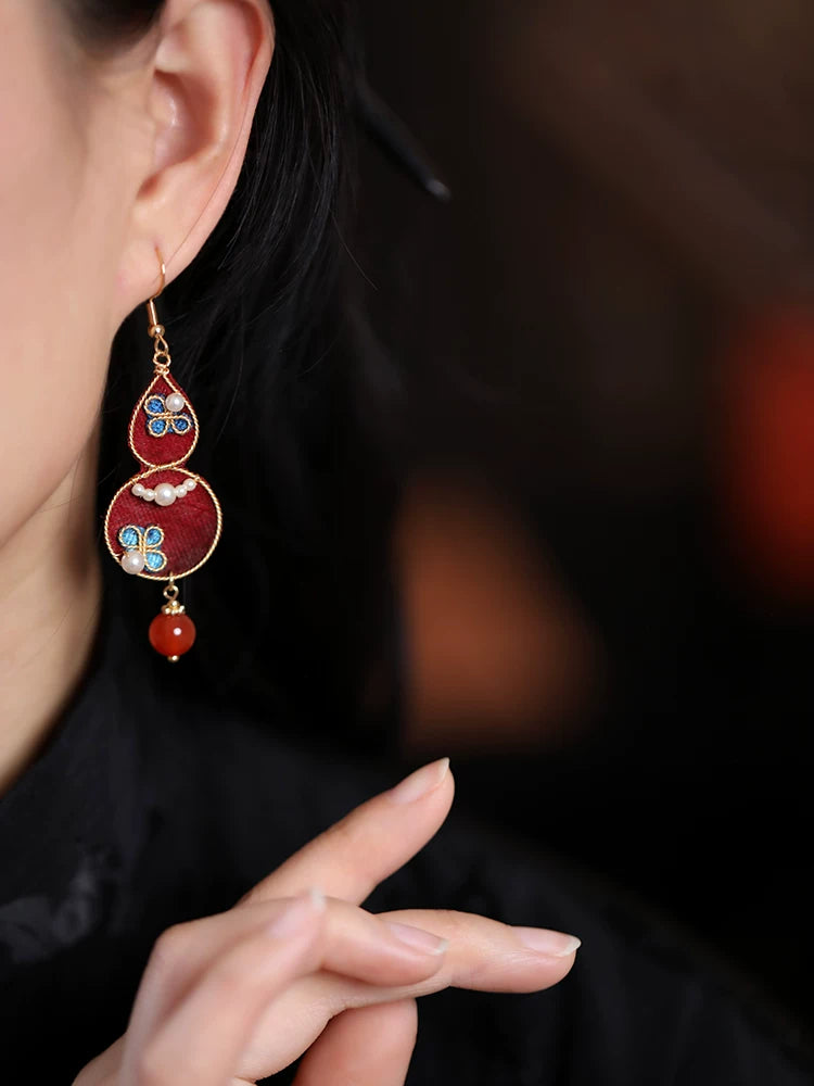 Elegant pearl embedded fabric gourd earrings retro Chinese aesthetic long drop earrings